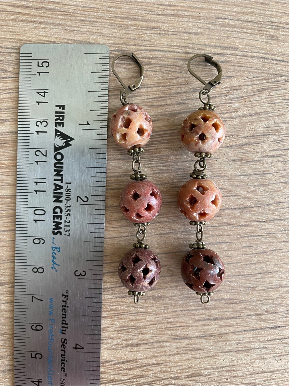 HAND CRAFTED CARVED SOAPSTONE TIERED BOHO BALL DROP DANGLE EARRINGS - Picture 7 of 12